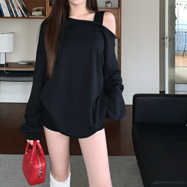 美式斜肩寬鬆大學T 露肩設計感長袖上衣