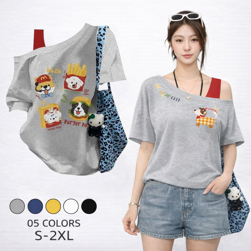 純棉復古印花斜肩假兩件短袖T恤 休閒百搭款