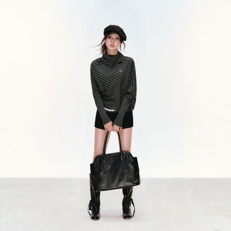 條紋蝙蝠袖針織上衣 高翻領/可翻折 寬鬆慵懶 顯瘦有復古感