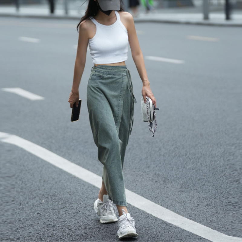 設計感復古綁帶一片式牛仔半身裙