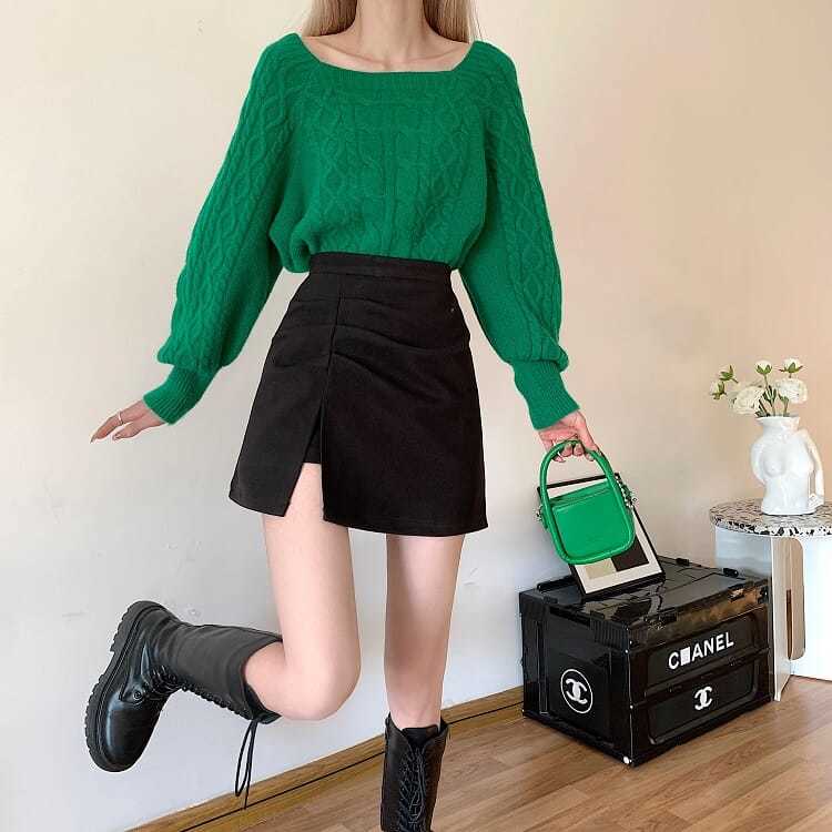 高腰開衩褶疊毛呢短裙 設計感A字版 顯瘦修飾 好搭百褶感（內建安全褲）