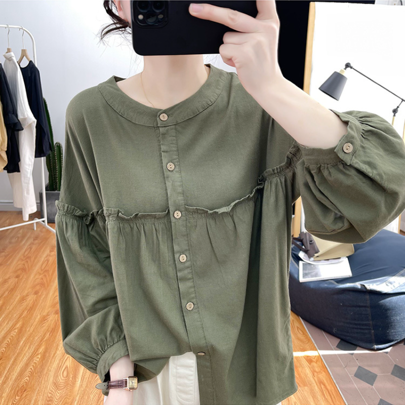 純棉燈籠袖襯衫 圓領排釦 荷葉邊拼接 寬鬆復古感