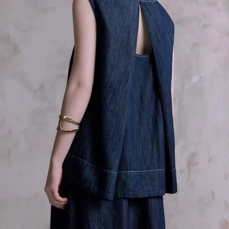 牛仔顯瘦組合 冰氧牛仔抗熱背心+高腰短褲 兩件減齡兩件套