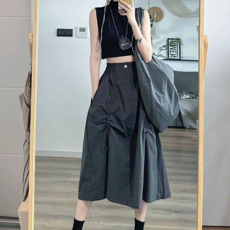 設計感工裝傘兵裙 美式復古重工調節繩 鬆緊腰塑身顯瘦遮胯休閒
