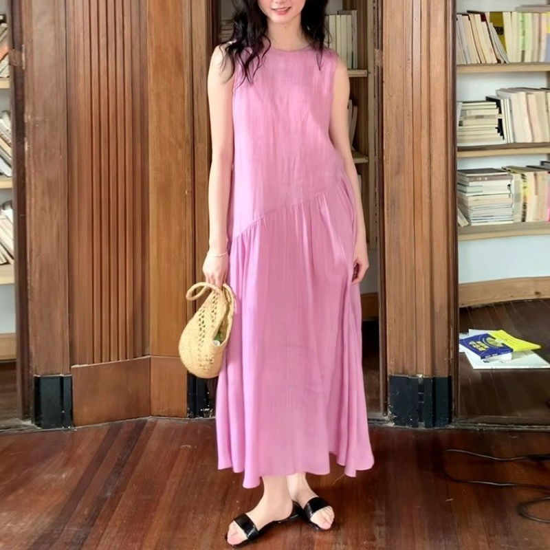 素色棉麻連身裙 韓系減齡棉質鬆身洋裝