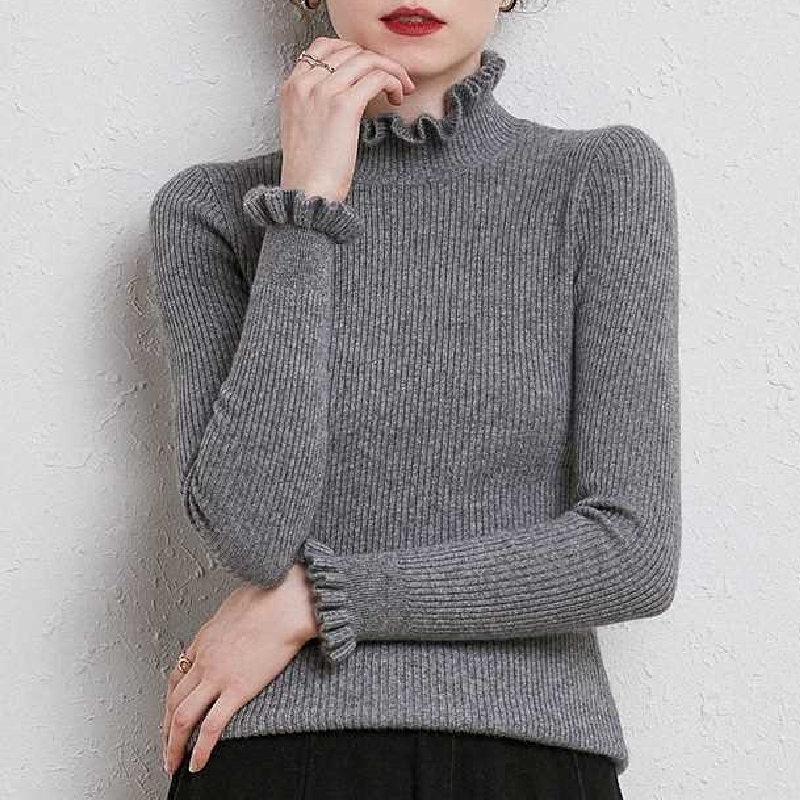 木耳花邊領長袖針織毛衣女 超顯瘦百搭款 保暖半高領毛衣