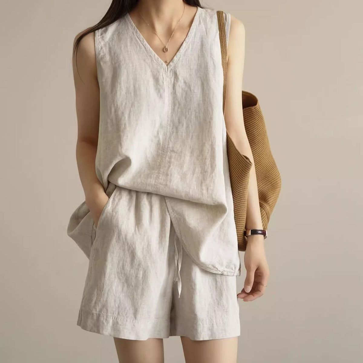 棉麻素面無袖背心＋短褲兩件式套裝 寬鬆透氣休閒款（可單買）