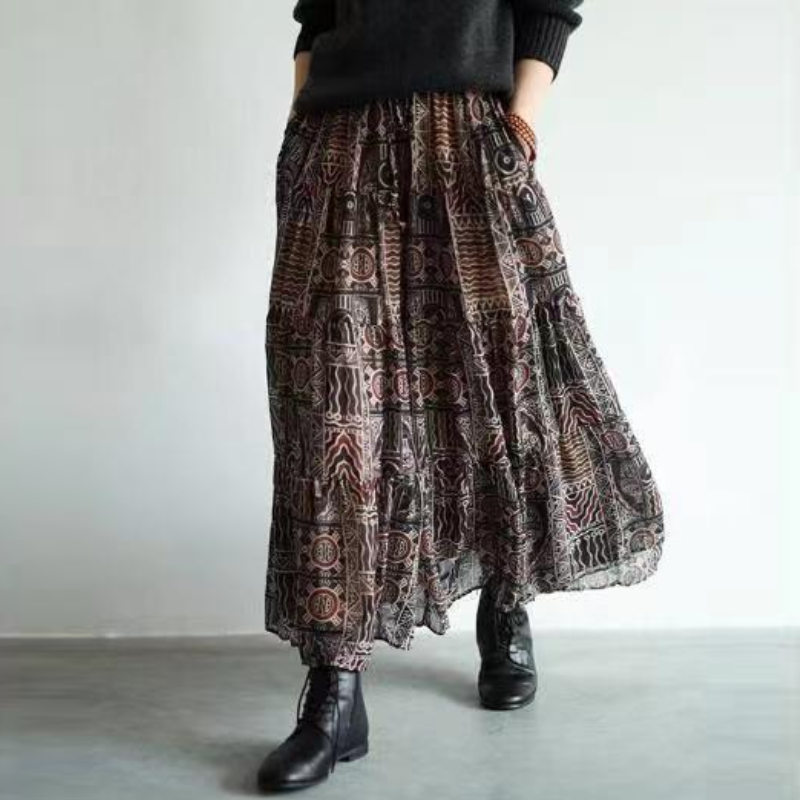 韓系 ‧ 復古文藝風印花半身裙日常通勤大裙擺