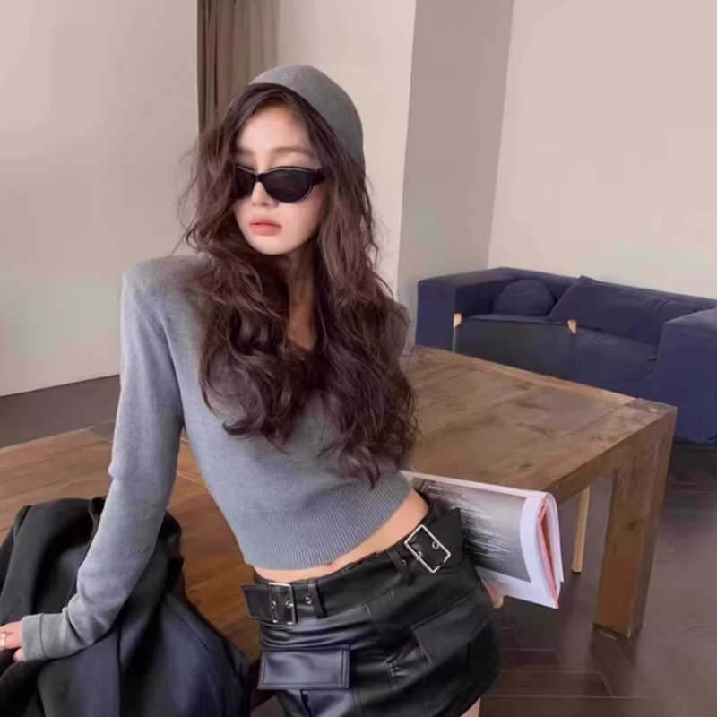 連帽針織短版上衣 5色修身 收腰顯瘦 長袖毛衣 秋季甜辣風