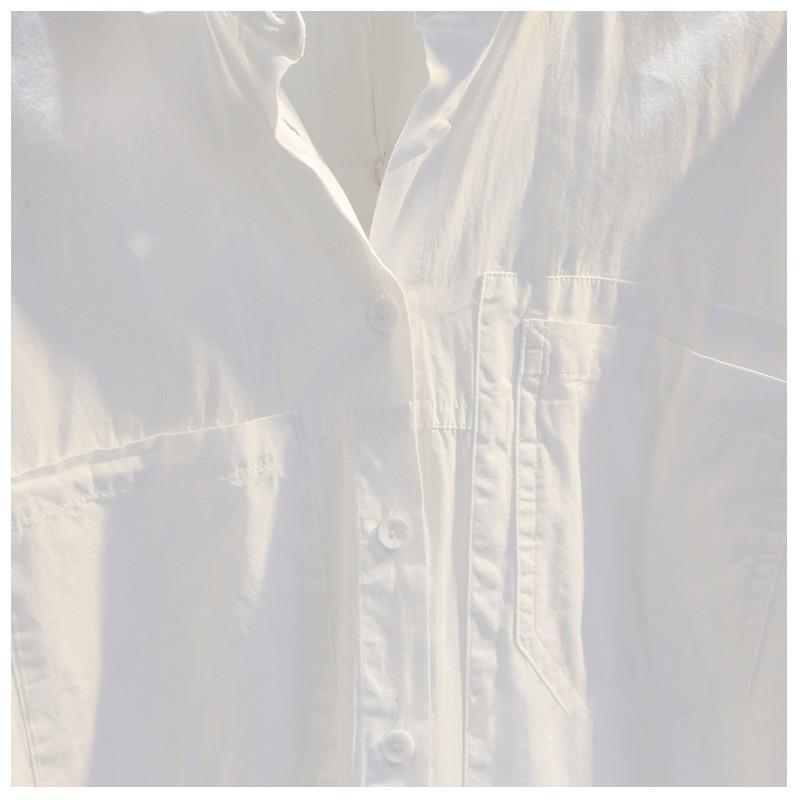 韓系寬鬆雙口袋棉質襯衫 文青休閒風 前短後長白色長袖上衣