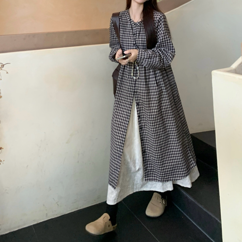 日系復古格紋襯衫洋裝 長袖寬鬆 可層次穿搭 慵懶風（嬌小友善）