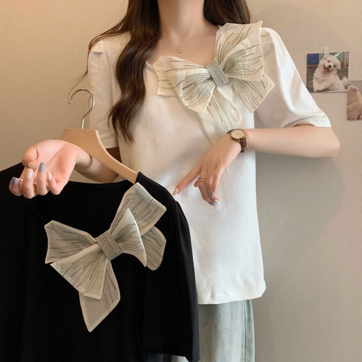 M-4XL蝴蝶結黑色短袖小方領T恤女設計感小眾氣質減齡上衣