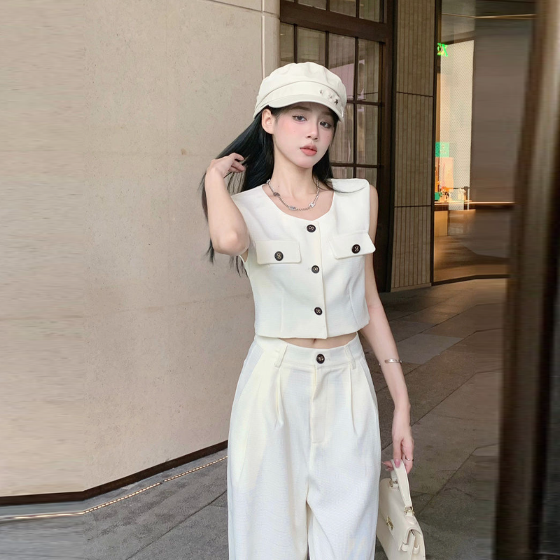 韓系兩件式套裝 無袖背心上衣＋寬褲 垂墜感 寬鬆顯瘦 外穿有型