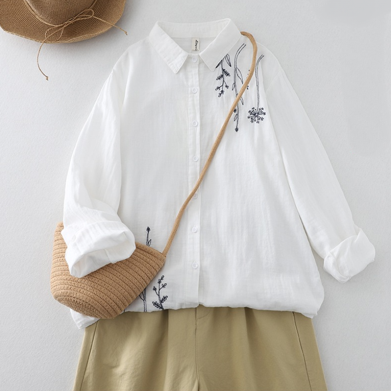 多層次外罩襯衫 微光澤棉麻刺繡上衣 熟齡顯瘦藏肉神器 獨家版型 抗皺透氣閨蜜親子裝穿搭