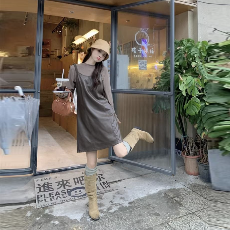 【整套】韓版秋季氣質皮質細肩短洋+高級感顯瘦薄上衣套裝*2色