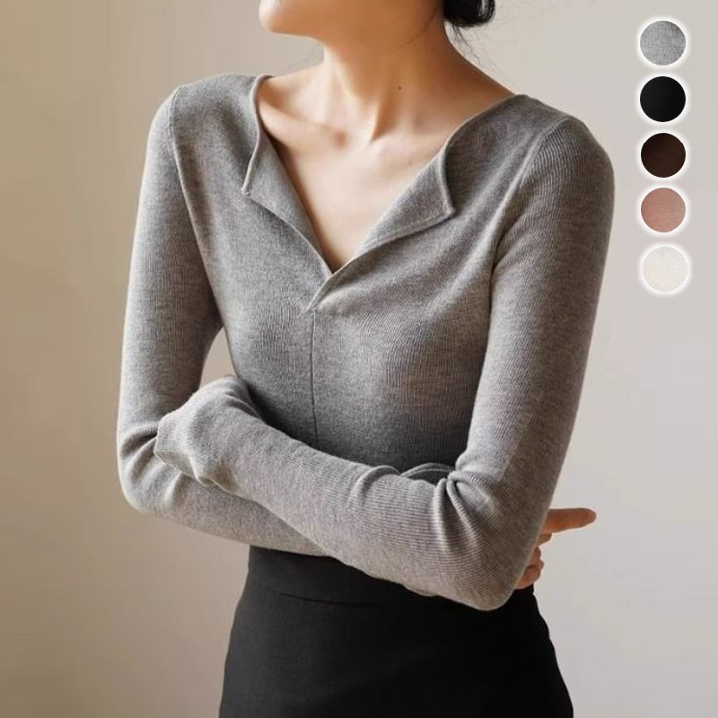 法式開領V領貼身針織上衣 秋冬長袖 羅紋彈性 內搭外穿 高級感