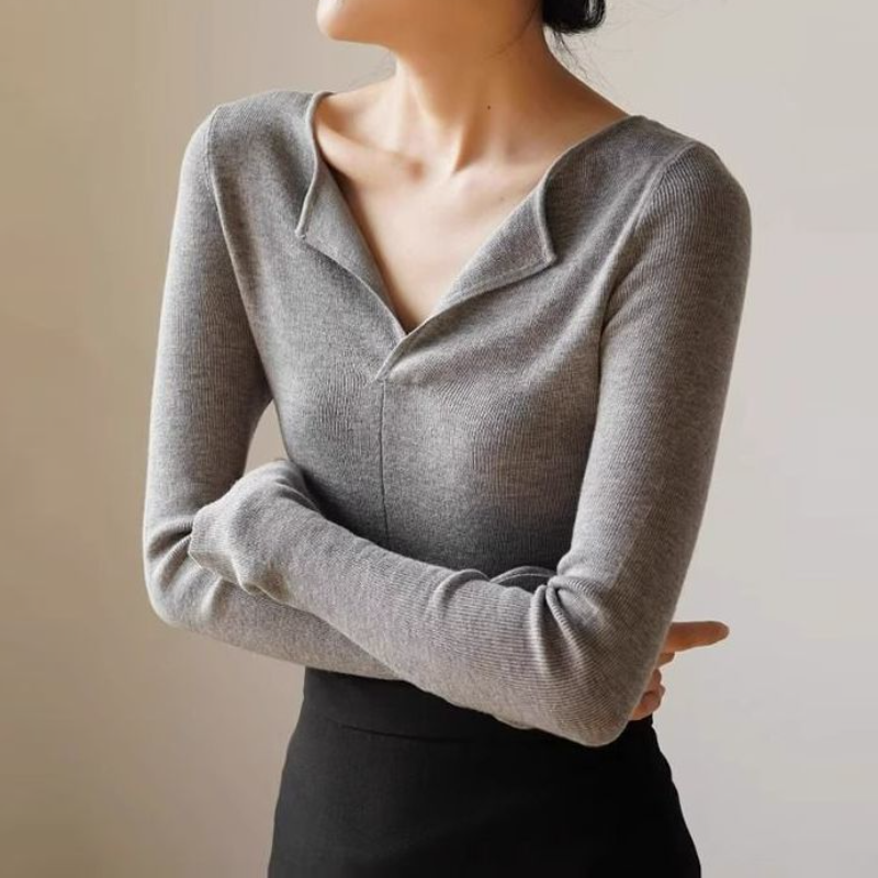 法式開領V領貼身針織上衣 秋冬長袖 羅紋彈性 內搭外穿 高級感