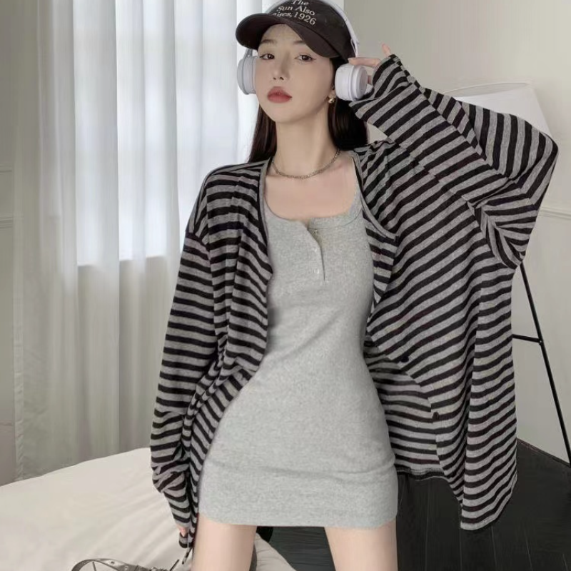 條紋針織開襟外套＋背心洋裝｜兩件式 甜辣風 修身顯瘦（長版／短版）
