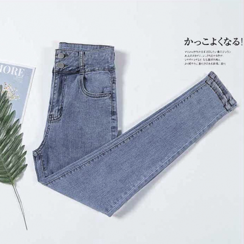 超彈高腰雙釦顯瘦牛仔褲 秋季百搭韓系修身小腳褲