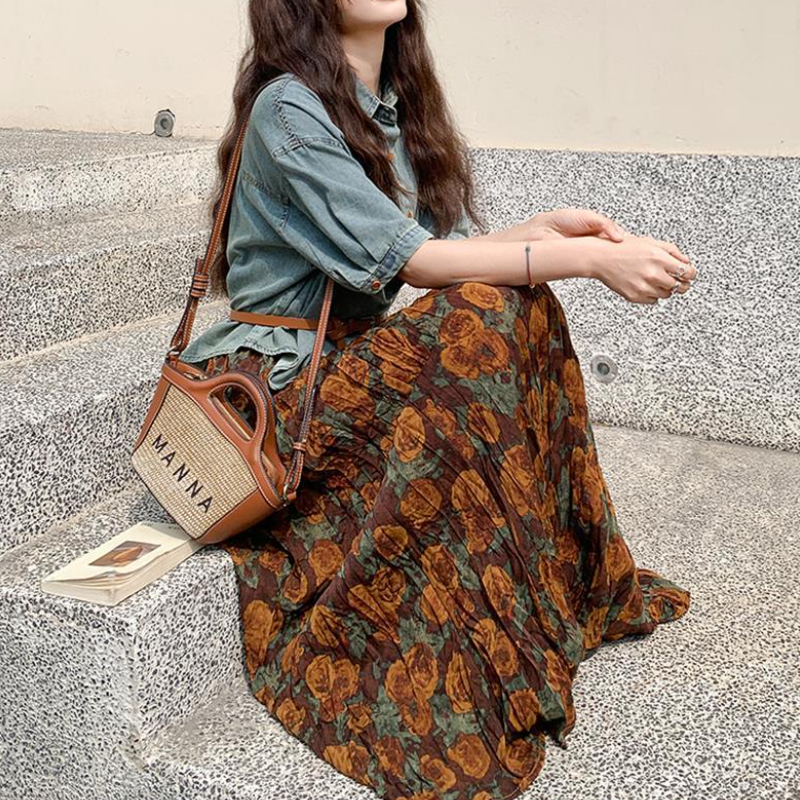 復古兩件式套裝 短袖牛仔襯衫＋碎花中長裙 成套穿搭