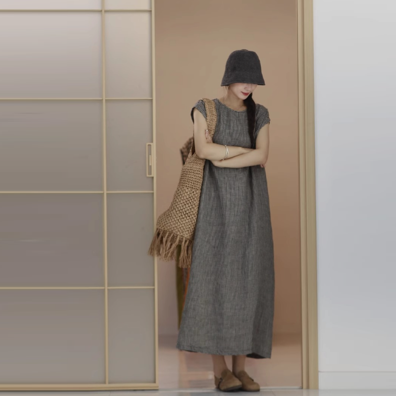 棉麻格紋無袖長洋裝 復古文青風