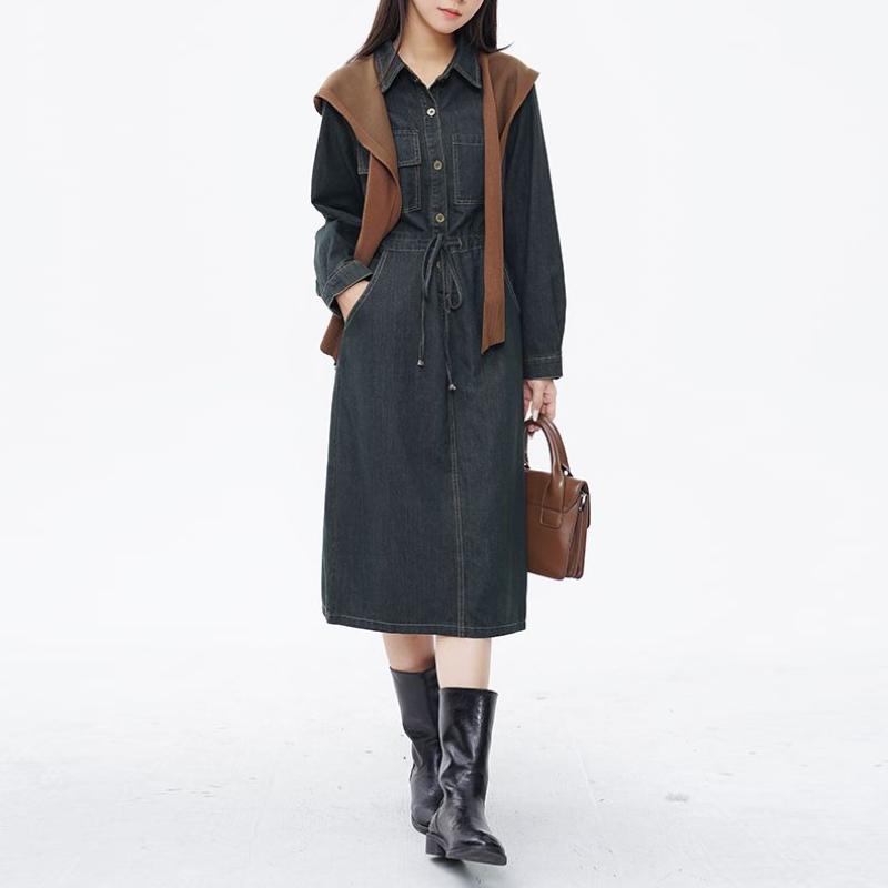 針織披肩牛仔連身裙 秋季新款顯瘦復古收腰系帶設計感撞色長洋 (附披肩)