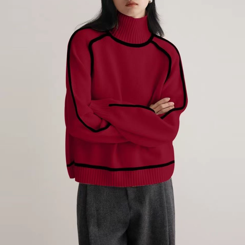 高領插肩針織毛衣 法式感燈籠袖 滾邊設計 寬鬆版型