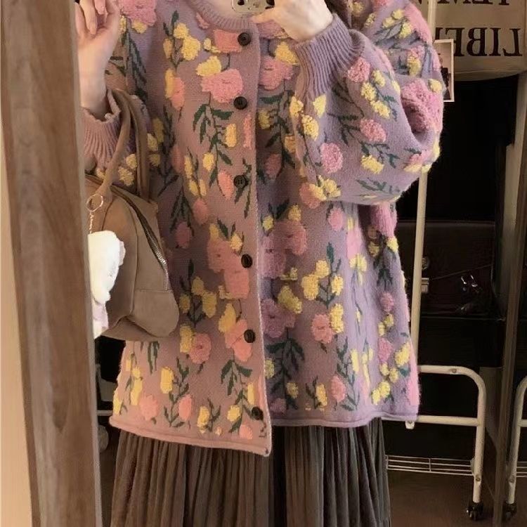 簡約 ‧ 甜美立體花朵針織外套秋冬復古提花