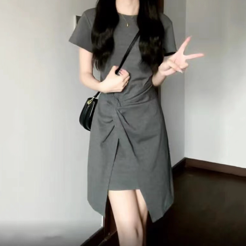 法式氣質收腰短袖連身裙 小眾設計圓領短裙