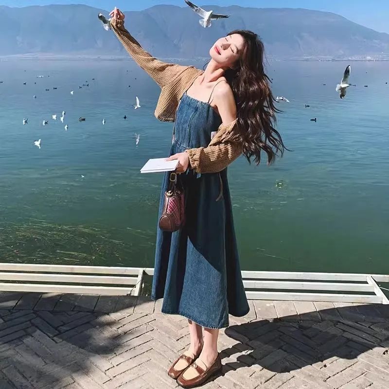 【單品可選】法式復古牛仔吊帶連身裙套裝 韓版針織罩衫+吊帶裙