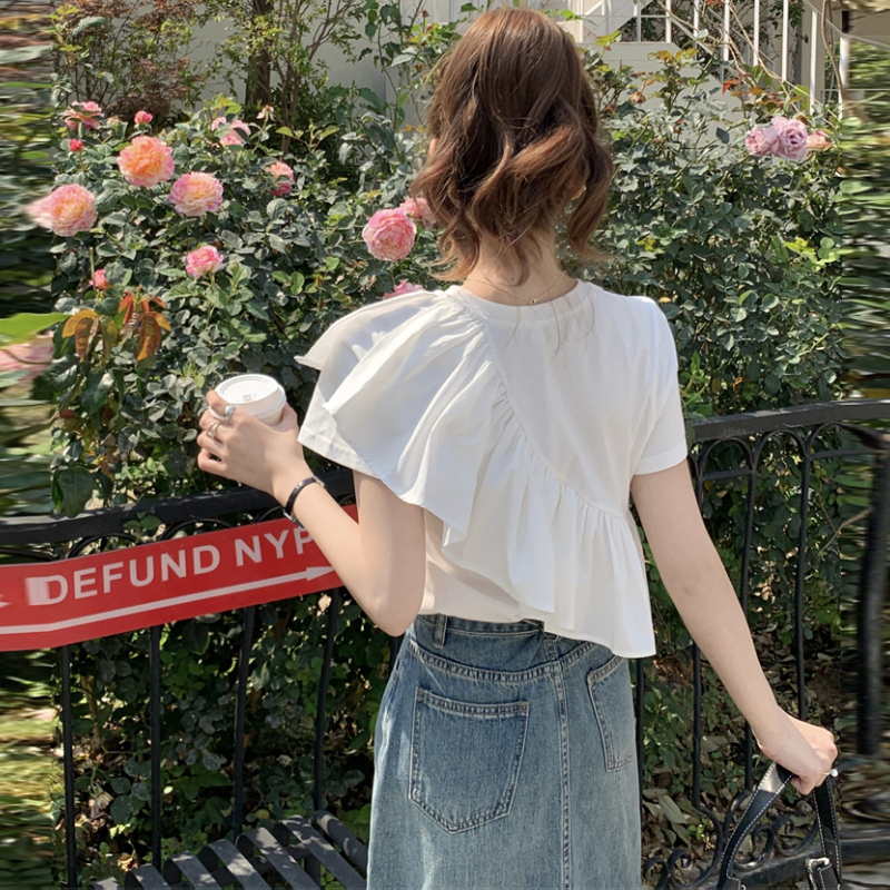 甜美荷葉邊短袖上衣 小眾顯瘦T恤設計感白色