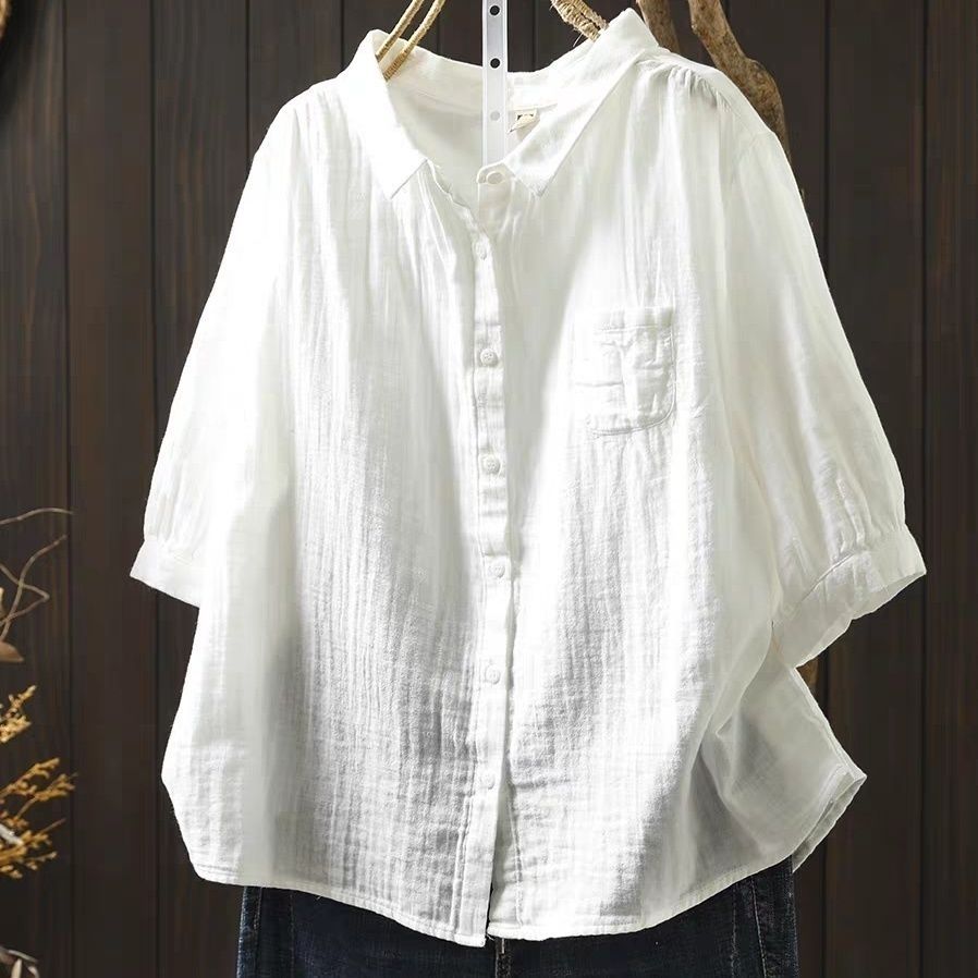 雙層棉紗寬鬆襯衫 五分袖設計 文青休閒百搭上衣
