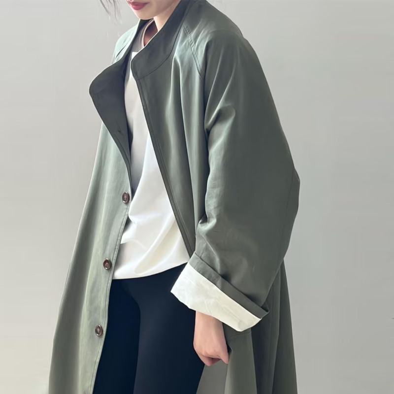 立領中長版風衣外套 英倫感 高級質感 寬鬆剪裁 春秋休閒百搭