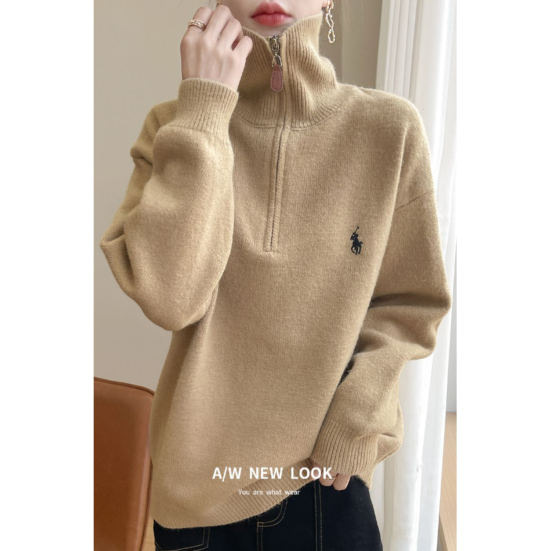 拉鏈翻領針織上衣 寬鬆設計 秋冬必備