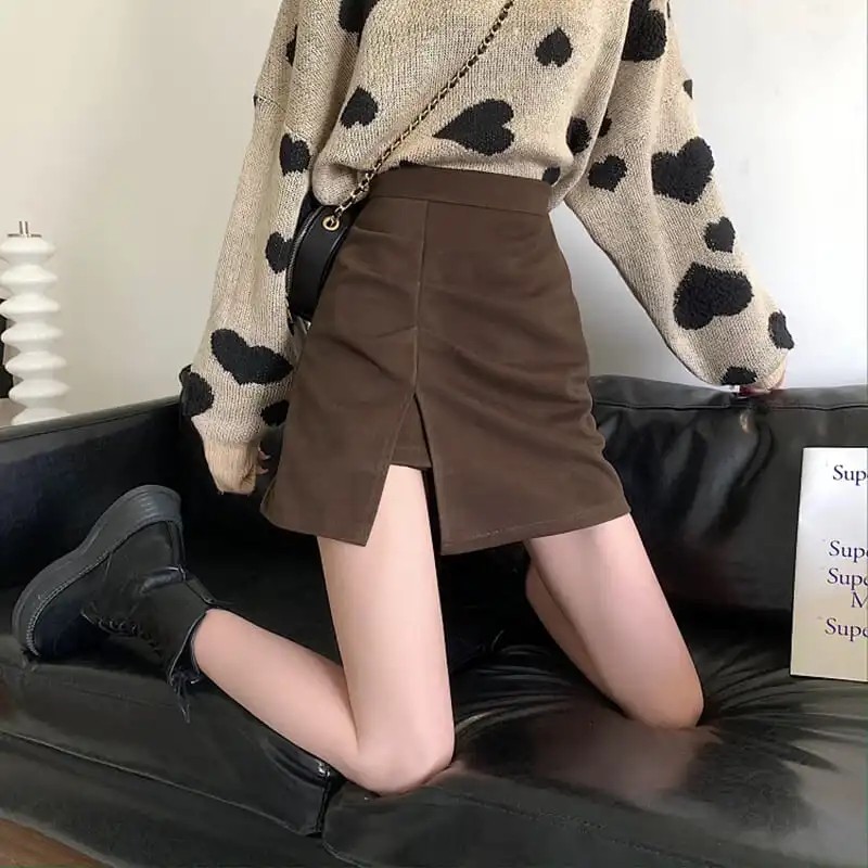 高腰開衩褶疊毛呢短裙 設計感A字版 顯瘦修飾 好搭百褶感（內建安全褲）