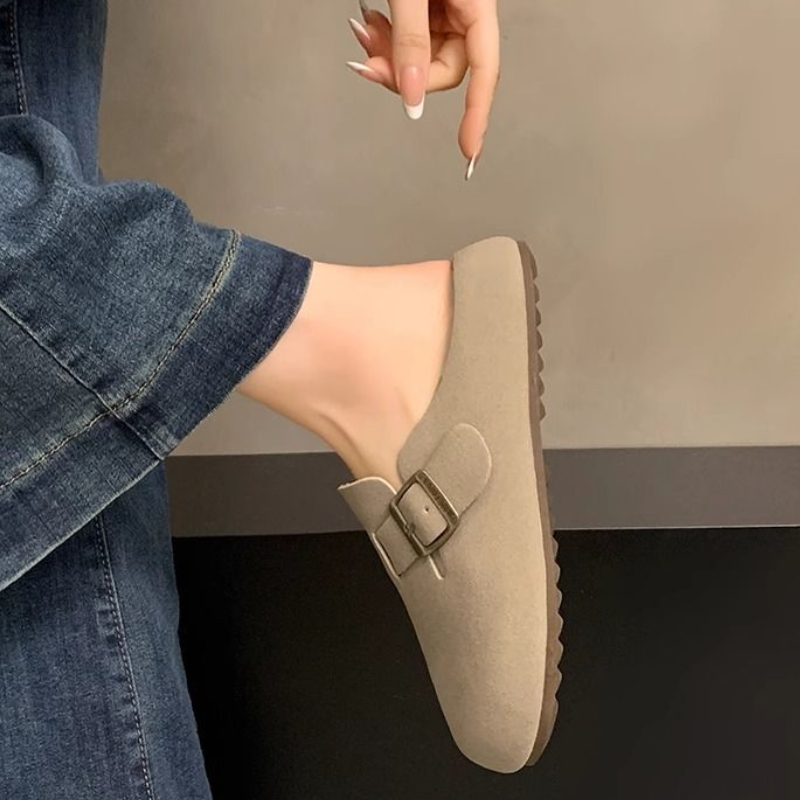 簡約包頭半拖鞋 可調扣帶設計 平底舒適 百搭休閒款