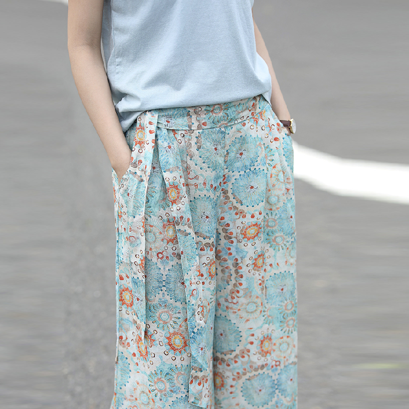 老屋印花吉普賽流浪風棉麻褲裙 南法莊園手繪撞色綁帶休閒寬褲