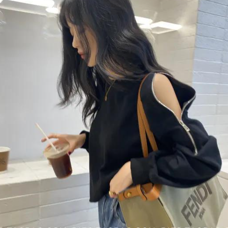 拉鍊露肩大學T 春秋新款 寬鬆顯瘦 長袖圓領