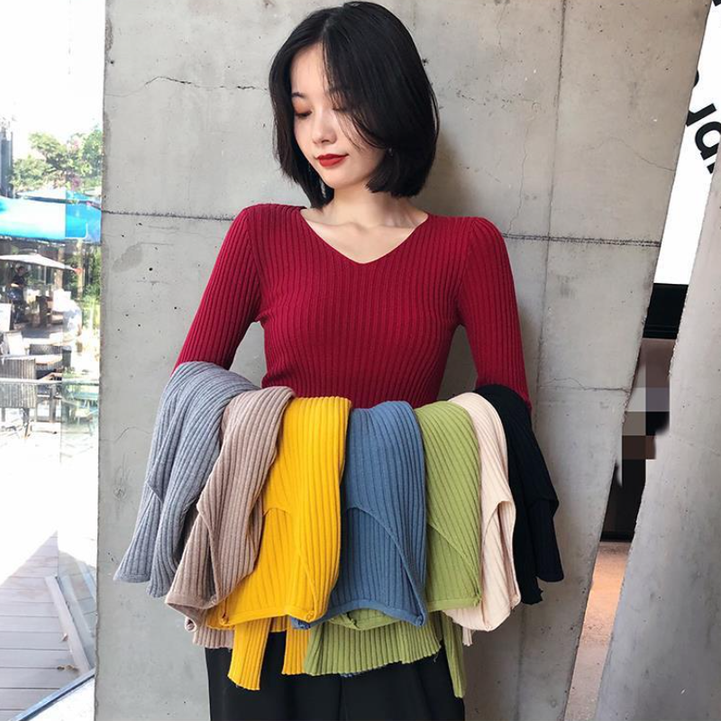 糖果色V領緊身針織衫-薄款打底上衣 時尚百搭內搭毛衣