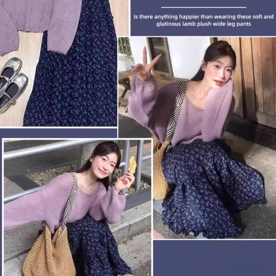 復古深藍碎花中長裙 高腰A字 層次拼接 傘裙擺 森林系