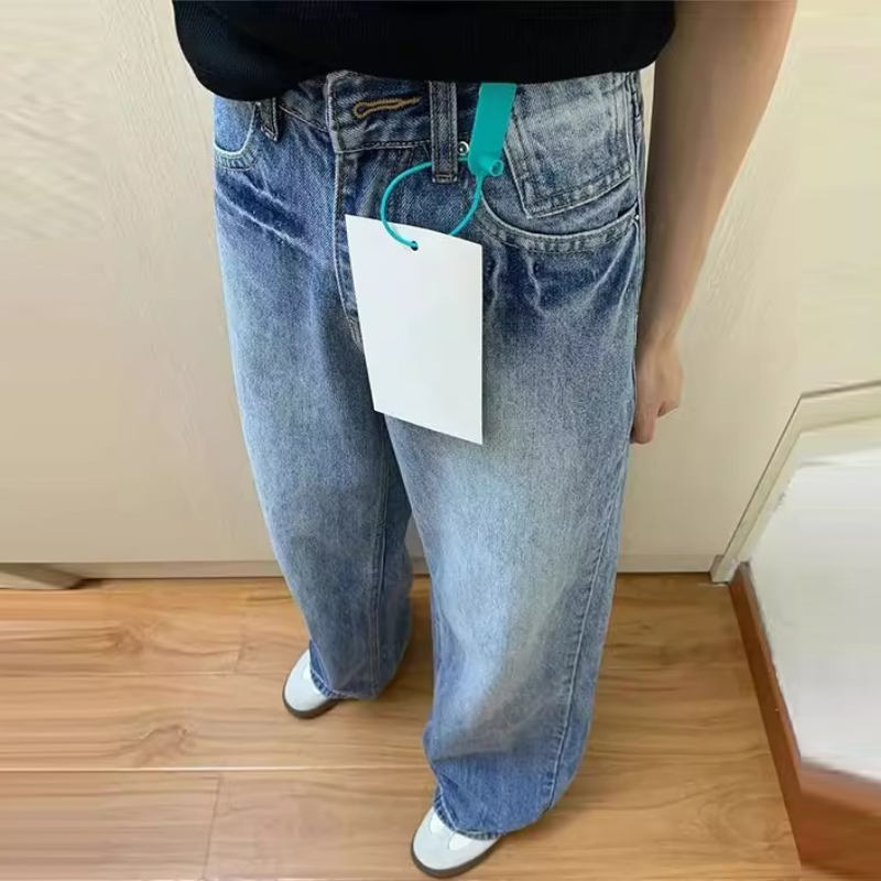 水洗高腰直筒牛仔褲 美式復古 寬鬆寬褲 垂墜感 拖地版