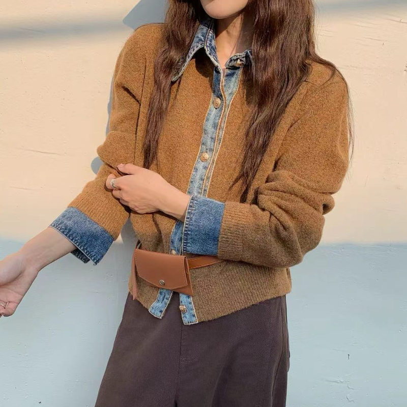 韓系牛仔拼接針織外套 厚磅質感 層次襯領設計