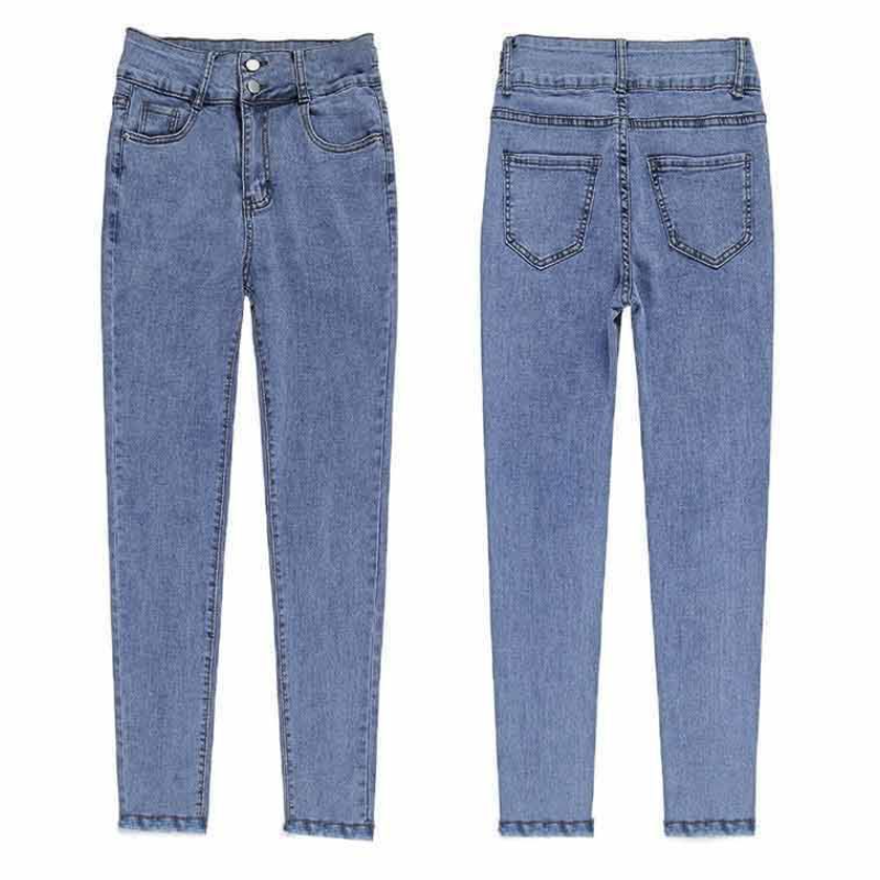 超彈高腰雙釦顯瘦牛仔褲 秋季百搭韓系修身小腳褲