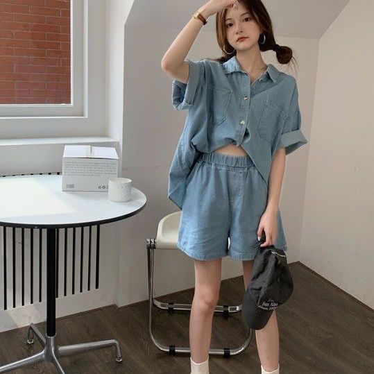 港風復古胖MM休閒短袖襯衫套裝 寬鬆丹寧風短褲套裝 薄款仿牛仔材質