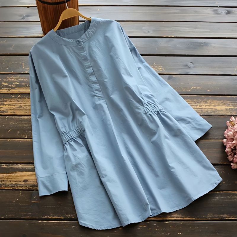 高腰剪裁長袖襯衫 遮小腹顯瘦收腰設計 逆齡感立領氣質上衣