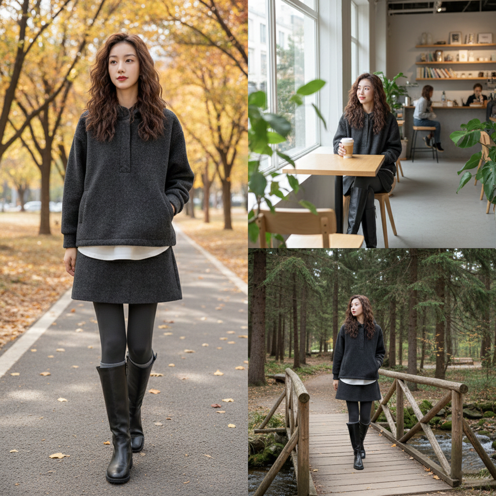 連帽上衣＋半身裙兩件式套裝（刷毛） 休閒剪裁 秋冬耐看好搭