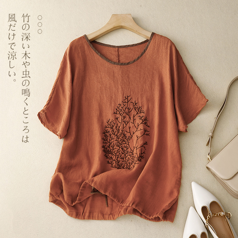 簡約·文藝寬鬆刺繡花棉麻抽繩上衣 短袖T恤