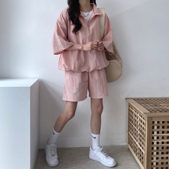 簡約 ‧ 素色拉鍊兩件套運動服套裝 寬鬆高領拉鍊短袖短褲 兩件套