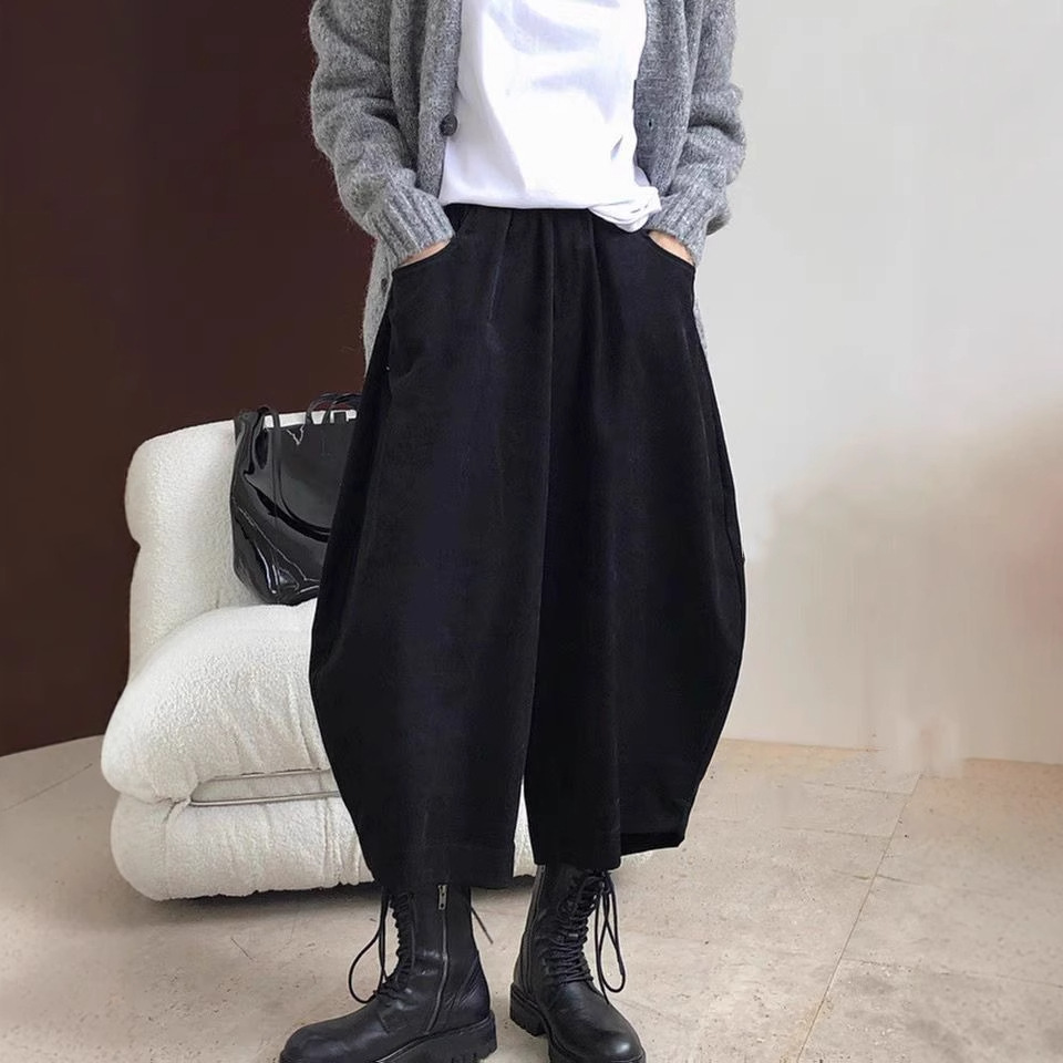 縮口寬褲小哈褲 秋冬日系復古寬鬆男友風收口褲