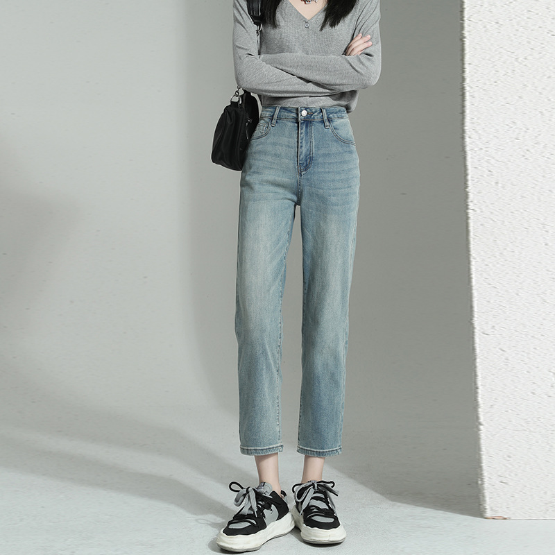 高品質直筒牛仔褲 復古水洗高腰顯瘦寬鬆直筒小個子法棍褲